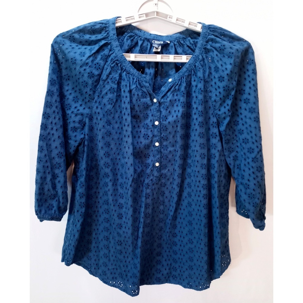 Chaps Eyelet Women's Peasant Blouse Top, Medium, Blue